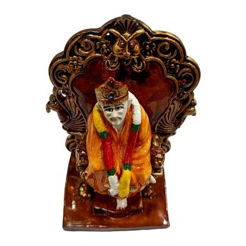 Sai Baba on Simhasan Multicolour Marble Dust Idol Pooja Ghar Decorative Showpiece 5 Inch