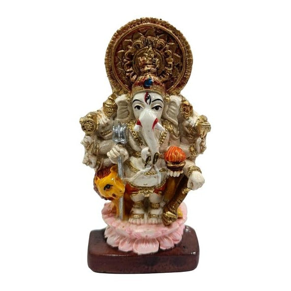 Ashtabhuja Shubh Drishti Ganesha on Lion Multicolour Marble Dust Figurine Pooja Decorative Showpiece size 4 inch