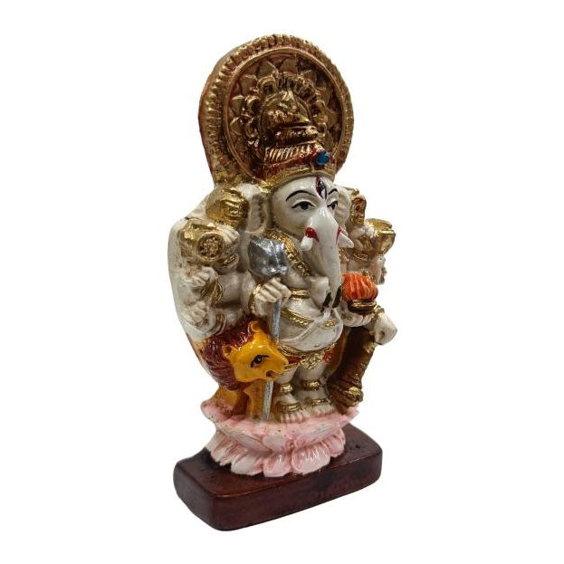 Ashtabhuja Shubh Drishti Ganesha on Lion Multicolour Marble Dust Figurine Pooja Decorative Showpiece size 4 inch