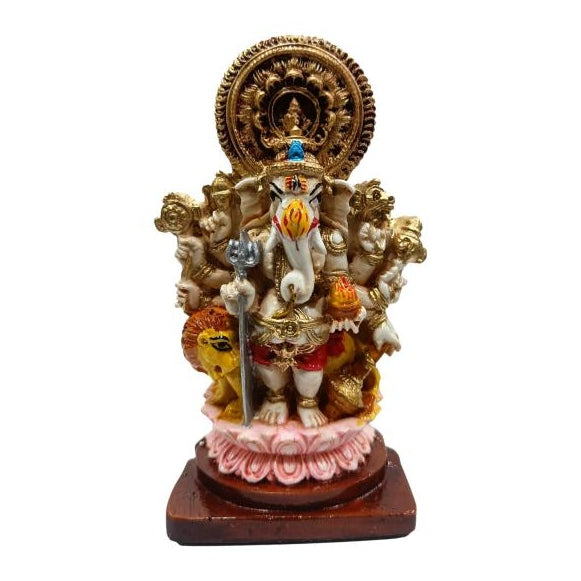 Ashtabhuja Shubh Drishti Ganesha on Lion Multicolour Marble Dust Figurine Pooja Decorative Showpiece size 5.5 inch