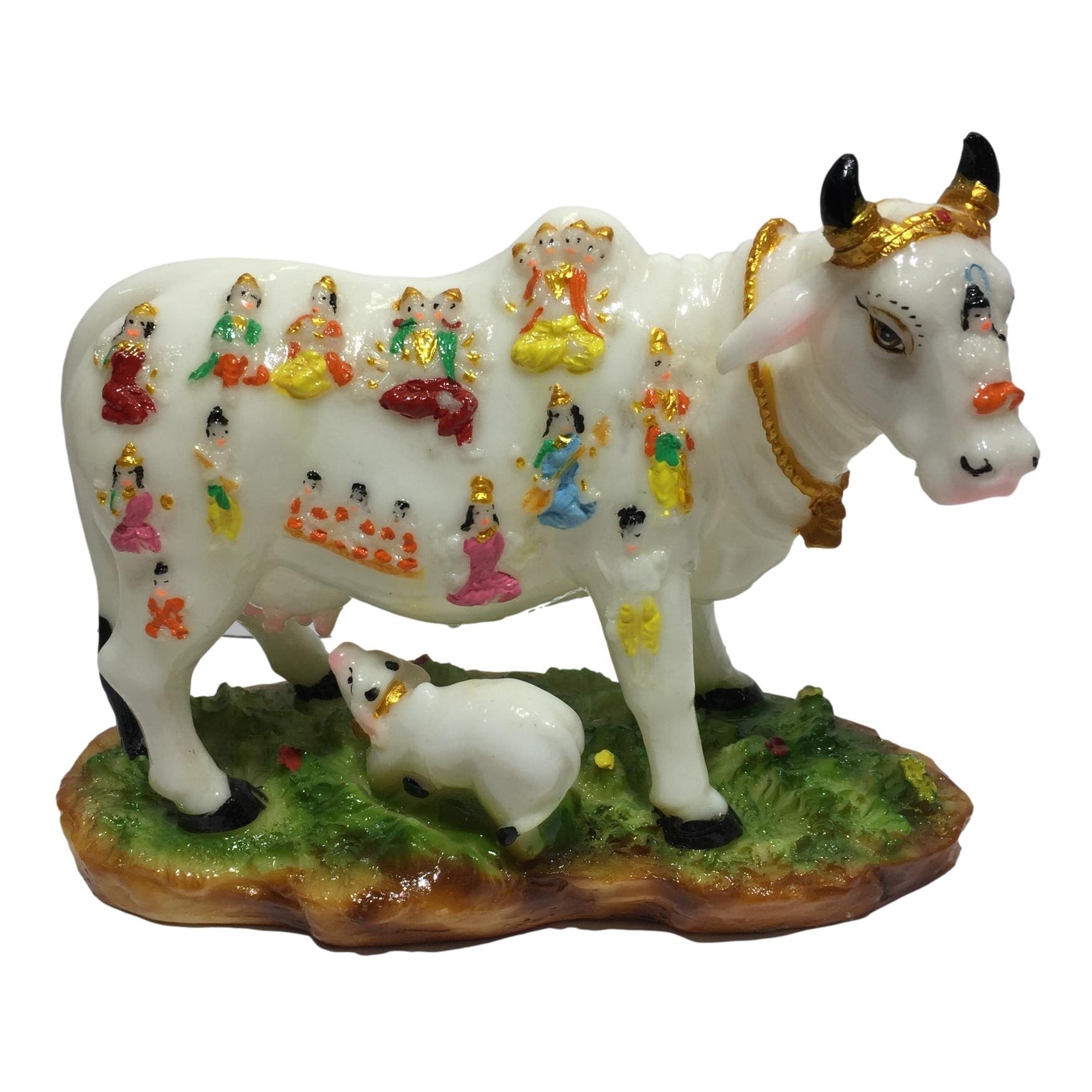 Multicolour Marble Dust Gou Mata or Cow and Calf with Devthas or Deities Print Figurine 6 inches