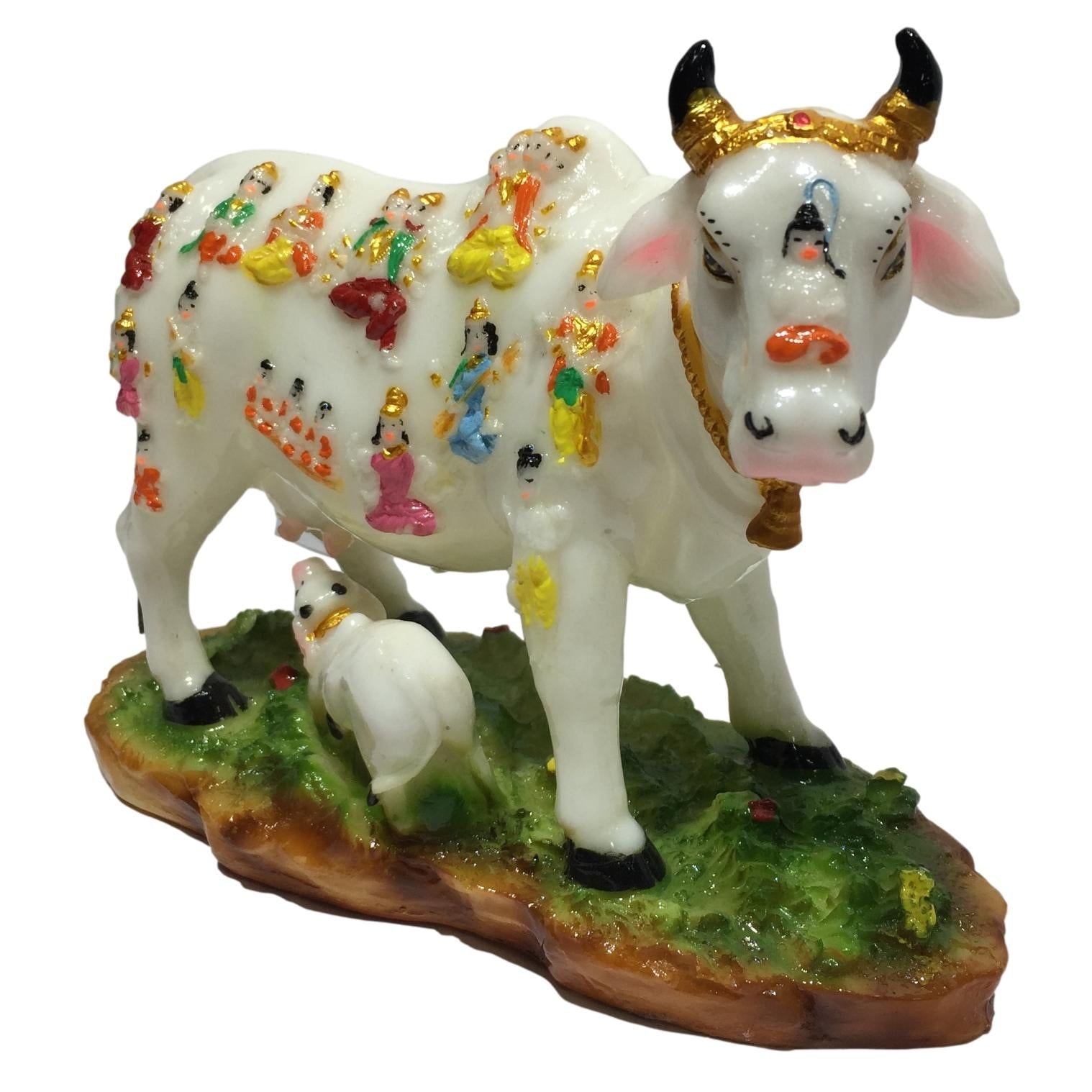 Multicolour Marble Dust Gou Mata or Cow and Calf with Devthas or Deities Print Figurine 6 inches