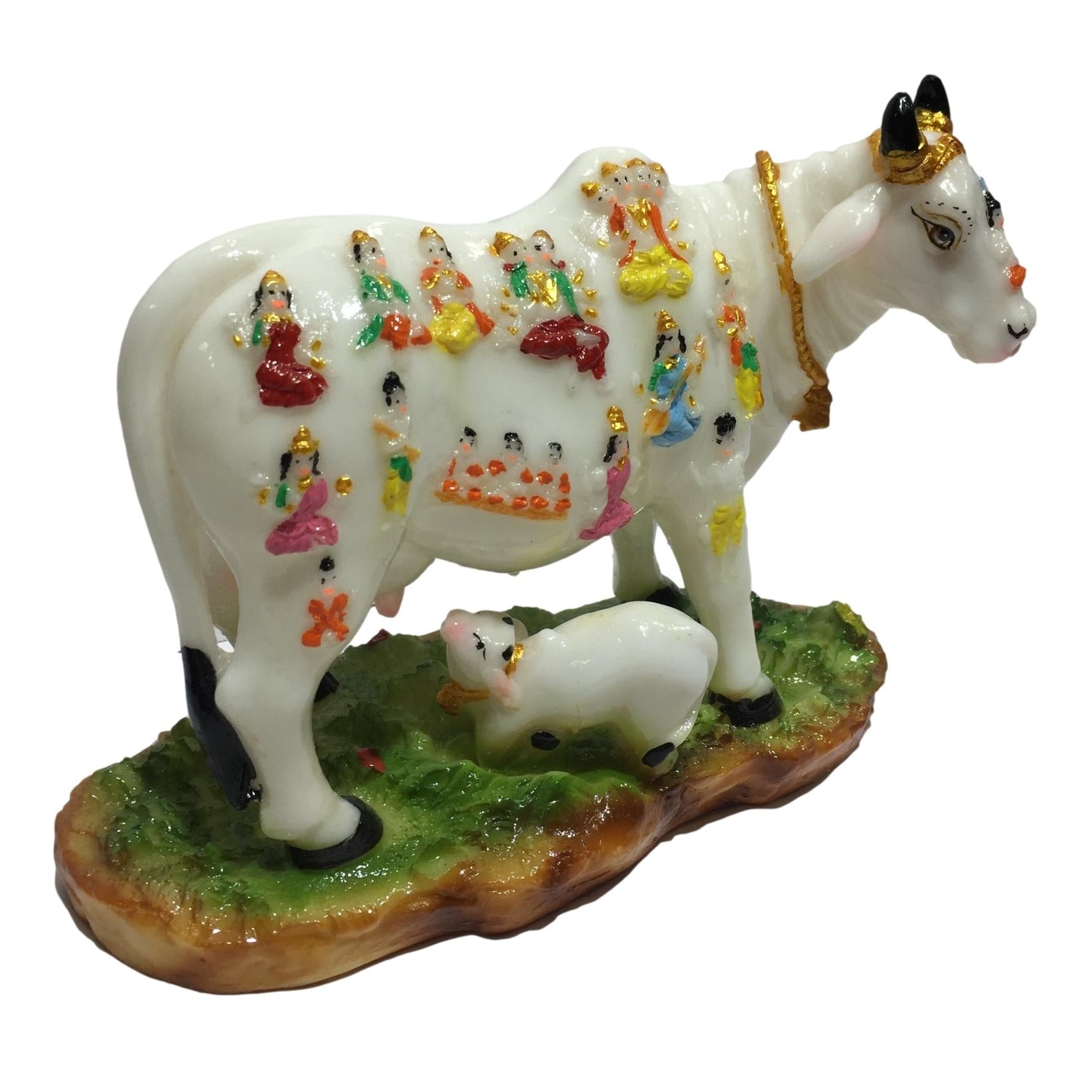 Multicolour Marble Dust Gou Mata or Cow and Calf with Devthas or Deities Print Figurine 6 inches