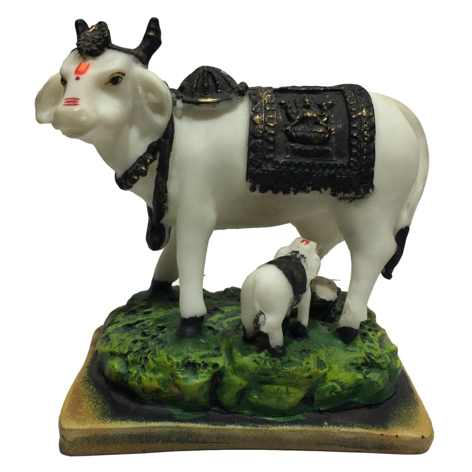 White Marble Dust Gou Mata or Cow and Calf with Lakshmi Print Decorative Show piece 6 inch