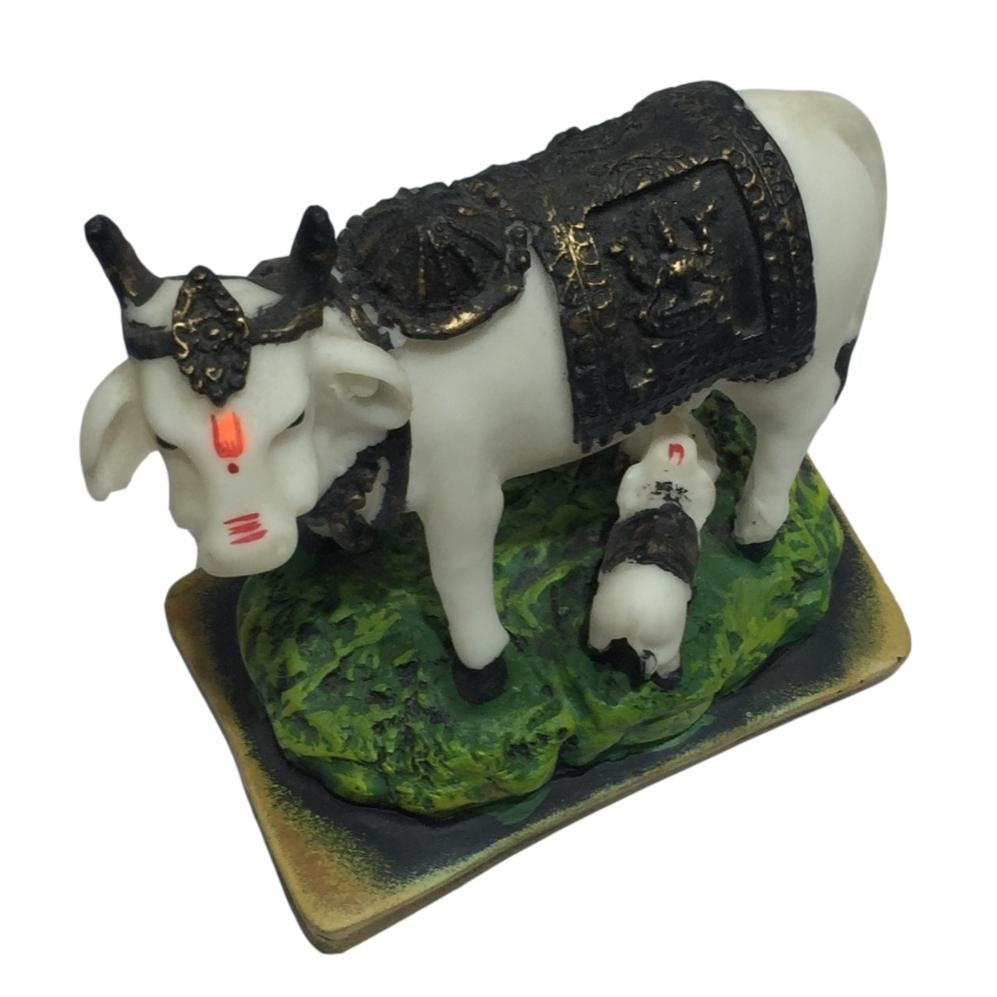 White Marble Dust Gou Mata or Cow and Calf with Lakshmi Print Decorative Show piece 6 inch