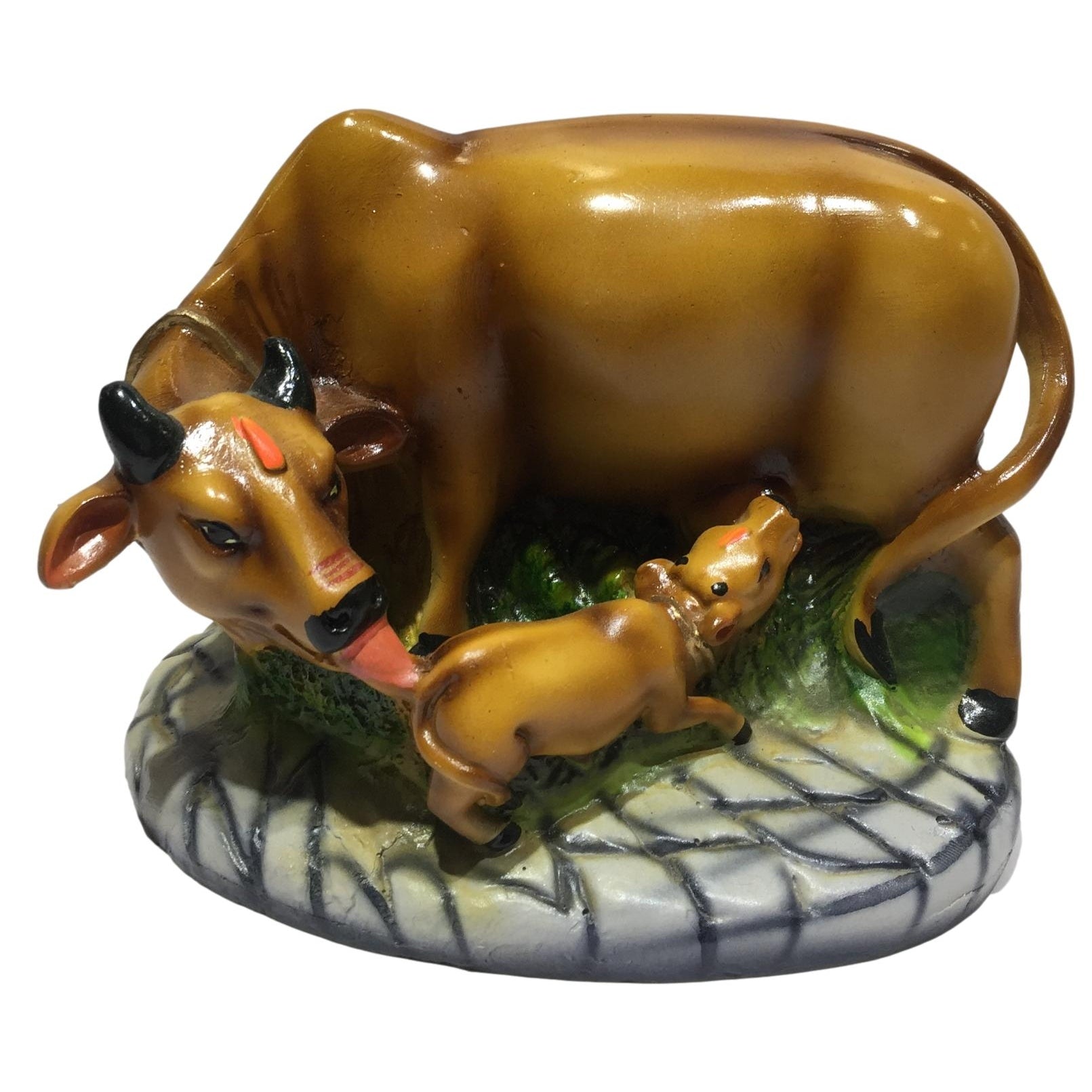 Ceramic Multicolor Kamdhenu Cow and Calf Antique finish Showpiece Figurine 5.5 inches