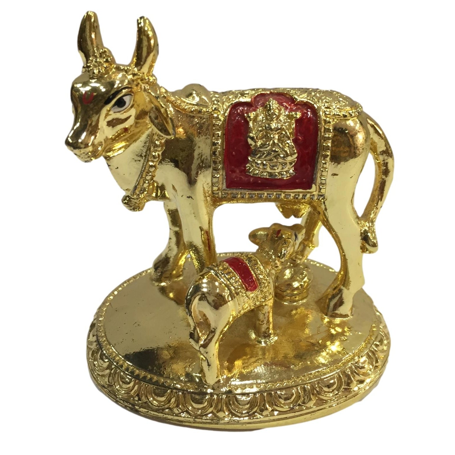 Gold coated Multicolour Cow and Calf or Kaamadhenu Figurine Home Decorative Showpiece 3.5 inch