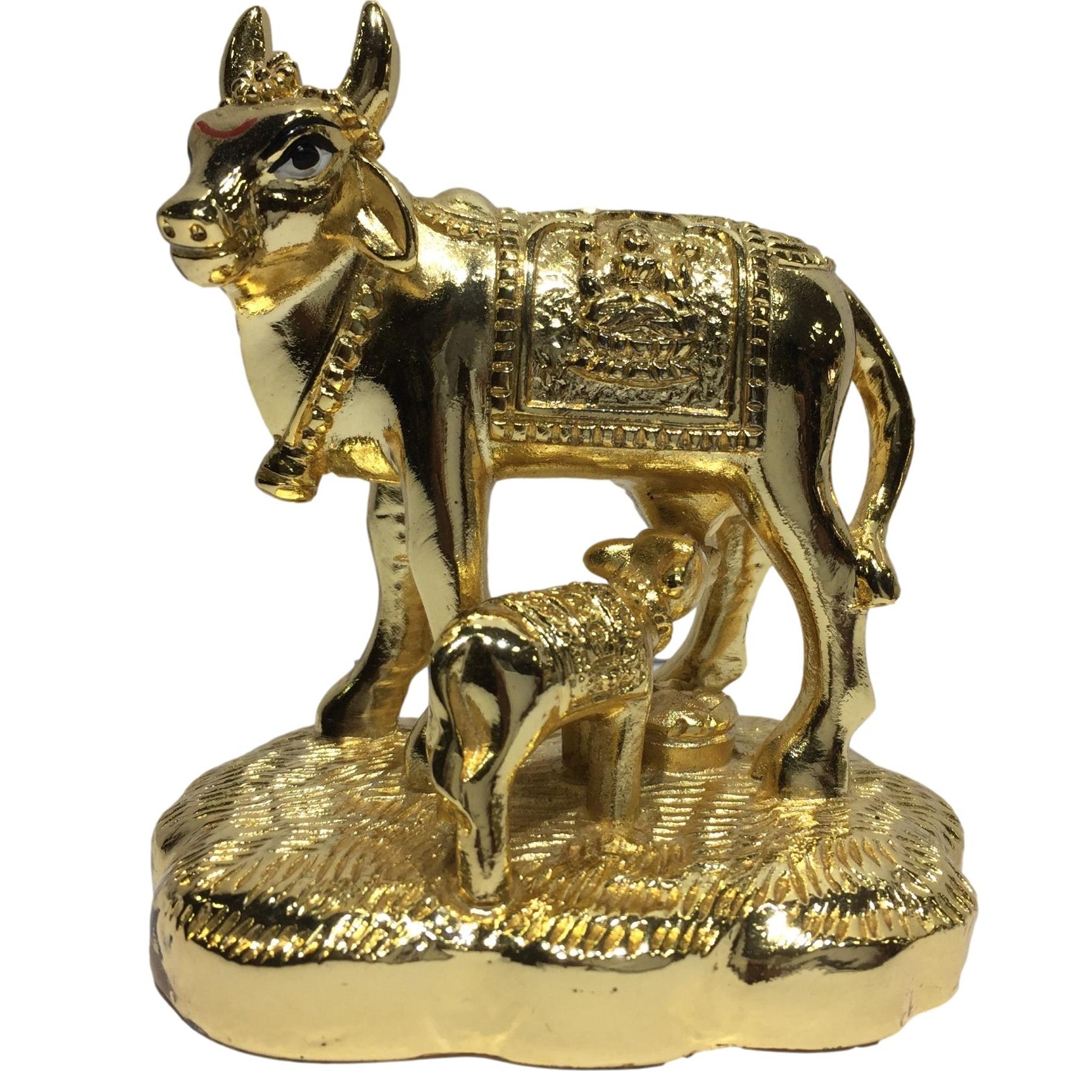 Gold coated Cow and Calf or Kaamadhenu Figurine Home Decorative Showpiece 3.5 inch