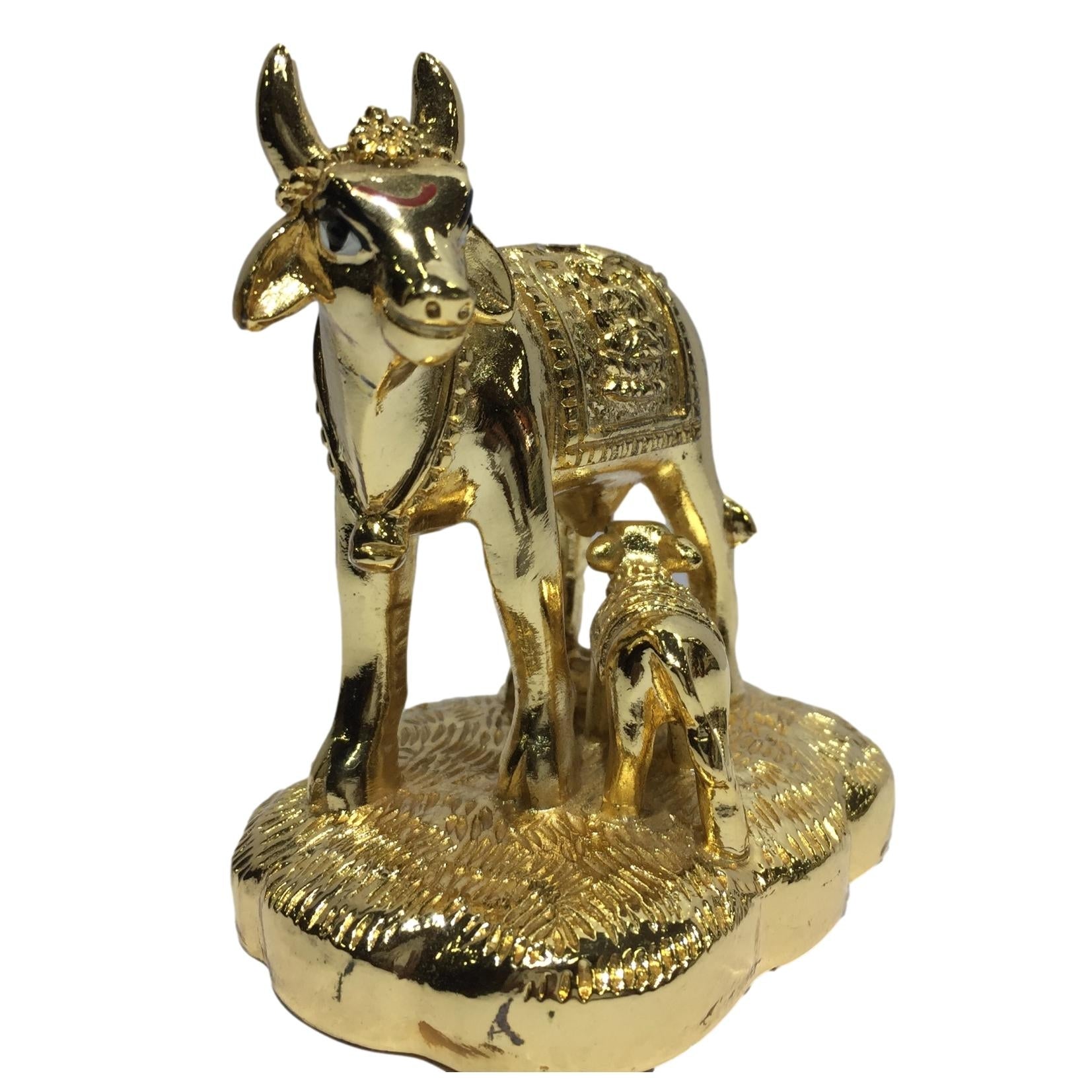 Gold coated Cow and Calf or Kaamadhenu Figurine Home Decorative Showpiece 3.5 inch