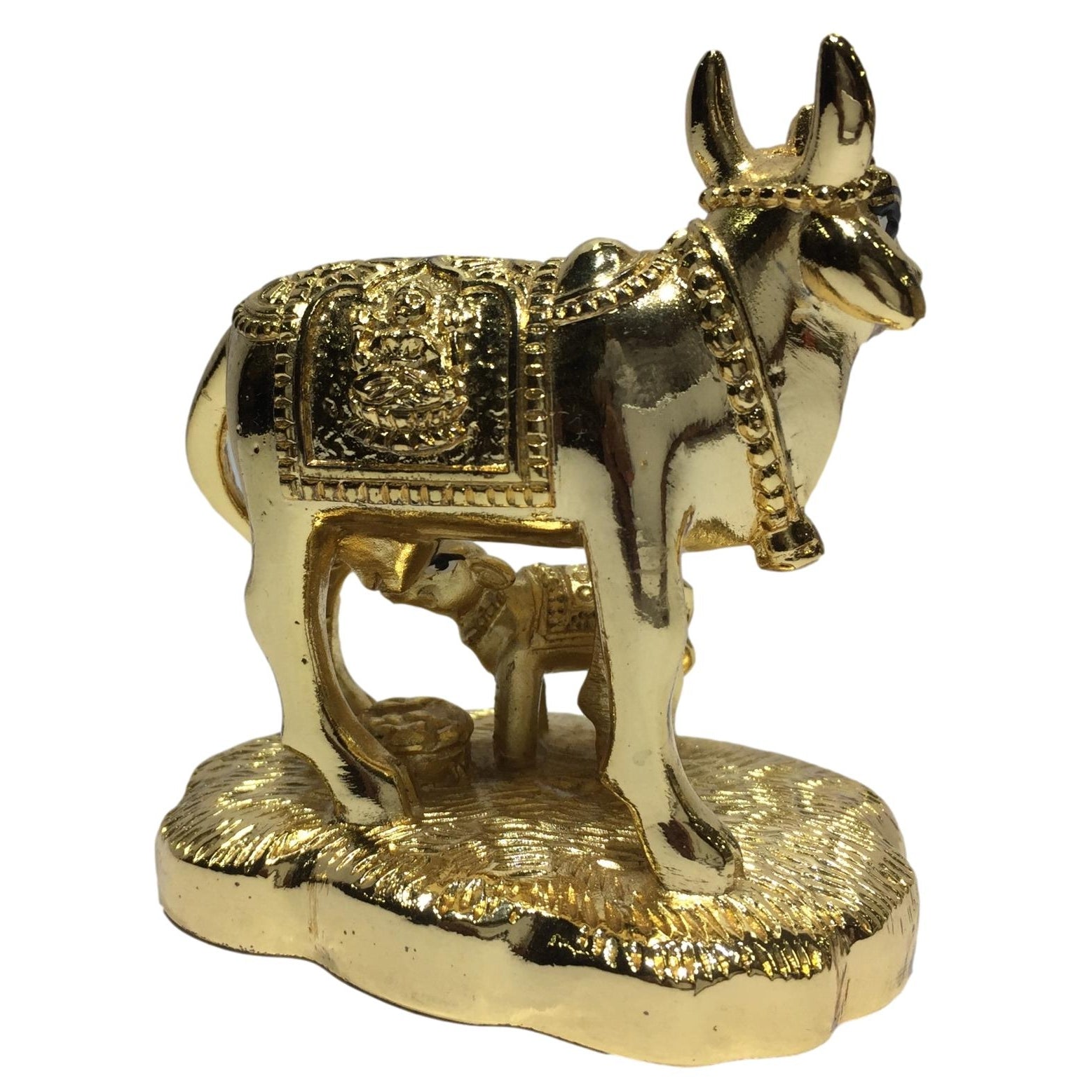 Gold coated Cow and Calf or Kaamadhenu Figurine Home Decorative Showpiece 3.5 inch