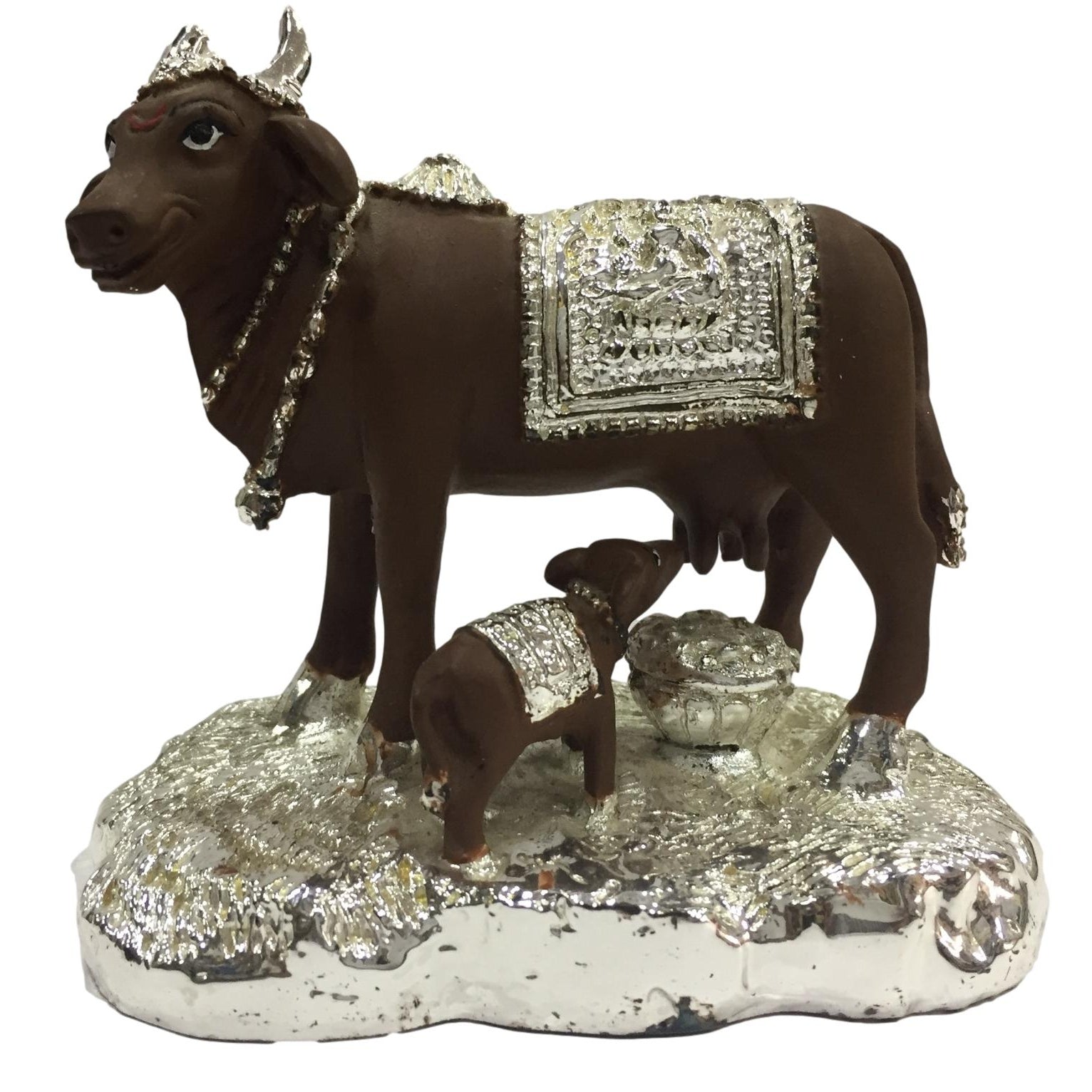 Silver coated Ceramic Kamdhenu Cow and Calf Showpiece Figurine 3.5 inches