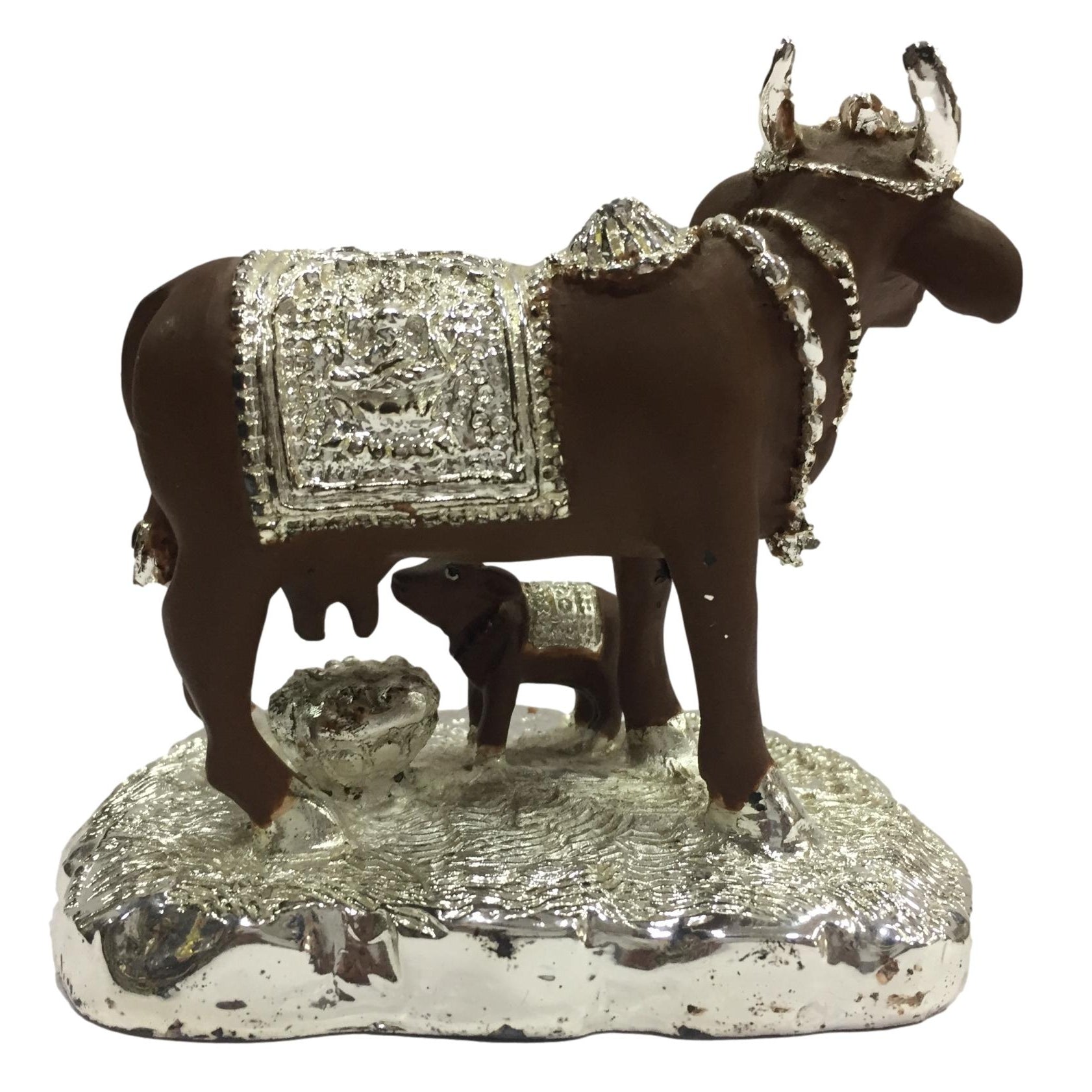 Silver coated Ceramic Kamdhenu Cow and Calf Showpiece Figurine 3.5 inches