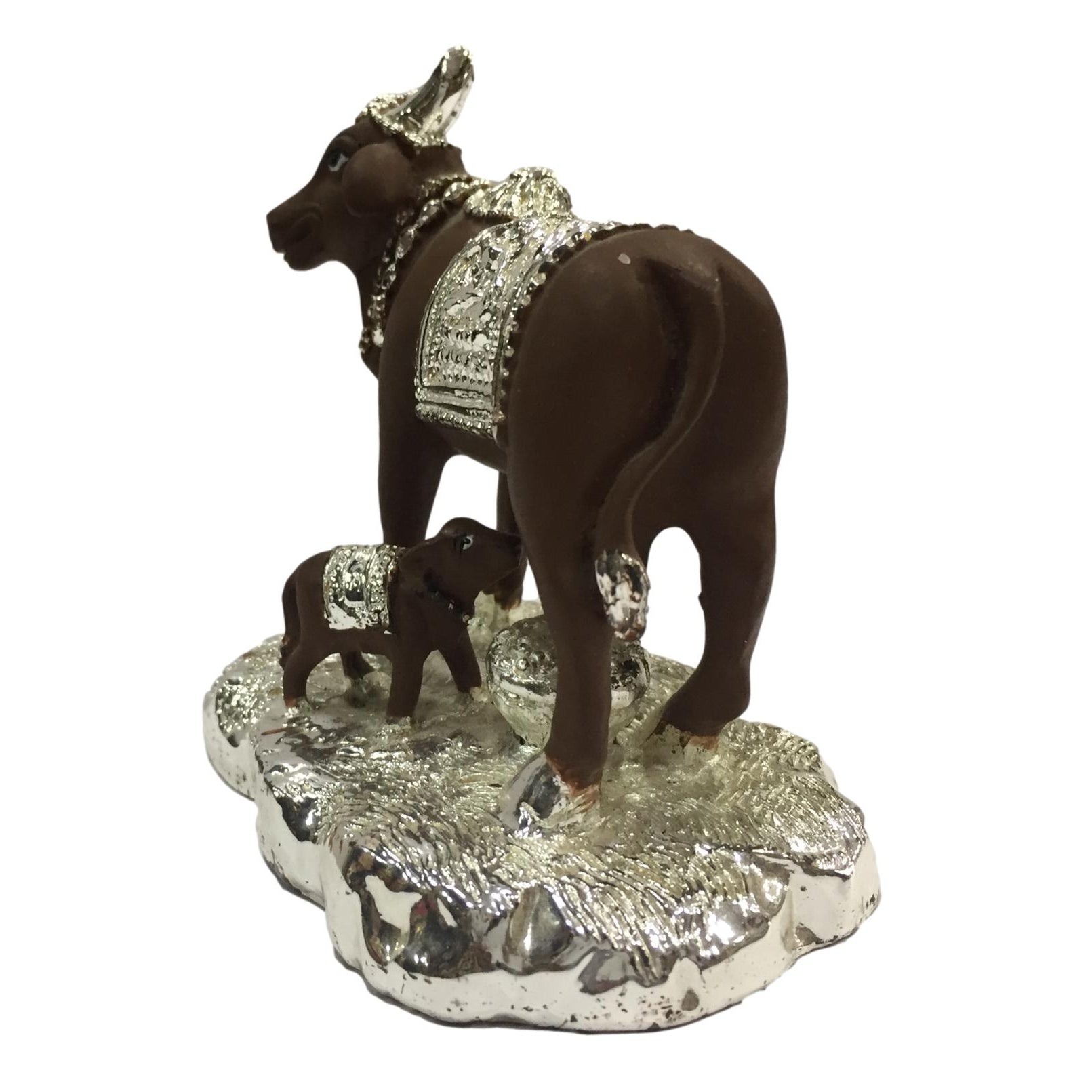 Silver coated Ceramic Kamdhenu Cow and Calf Showpiece Figurine 3.5 inches