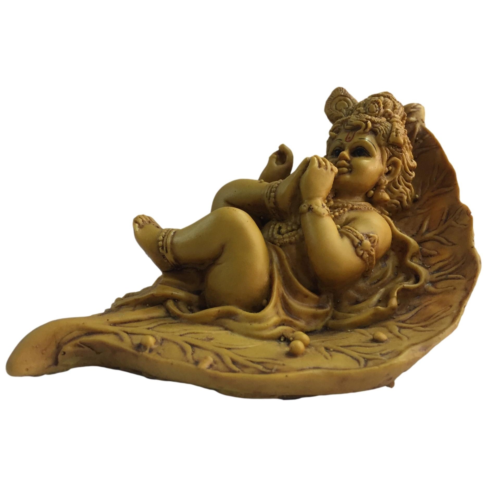 Pipal Leaf or Alilai Floating Krishna Marble Dust Wood Finish Figurine 3 inch