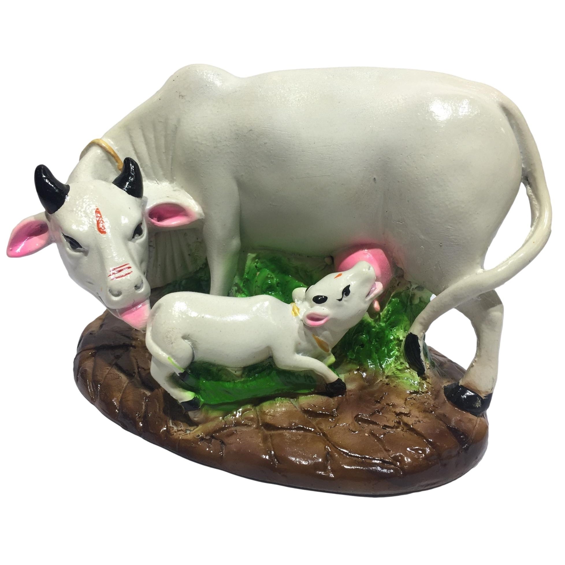 Ceramic Multicolor Kamdhenu Cow and Calf Showpiece Figurine 5 inches