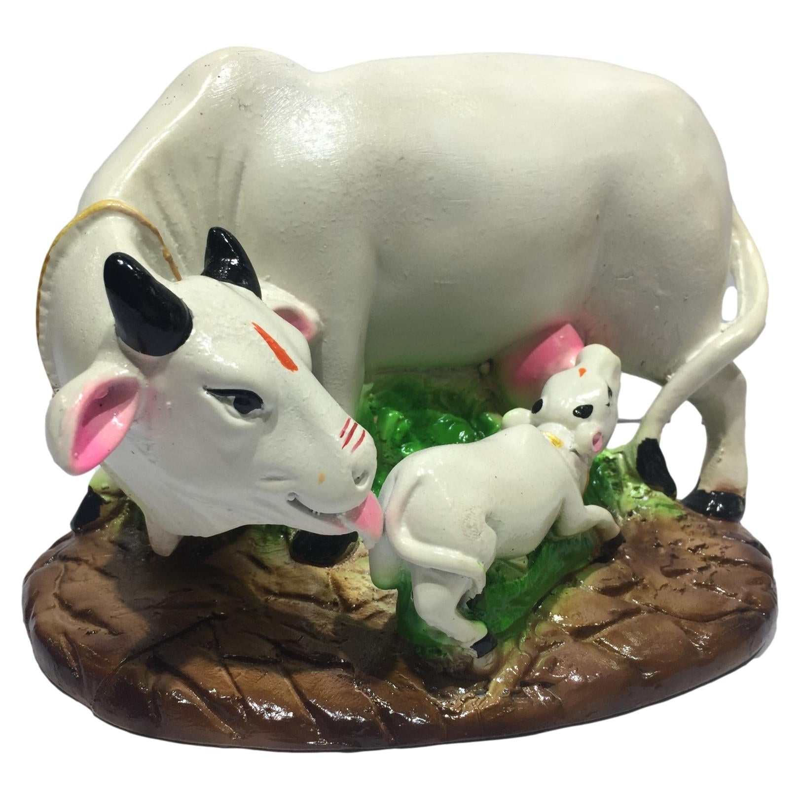 Ceramic Multicolor Kamdhenu Cow and Calf Showpiece Figurine 5 inches