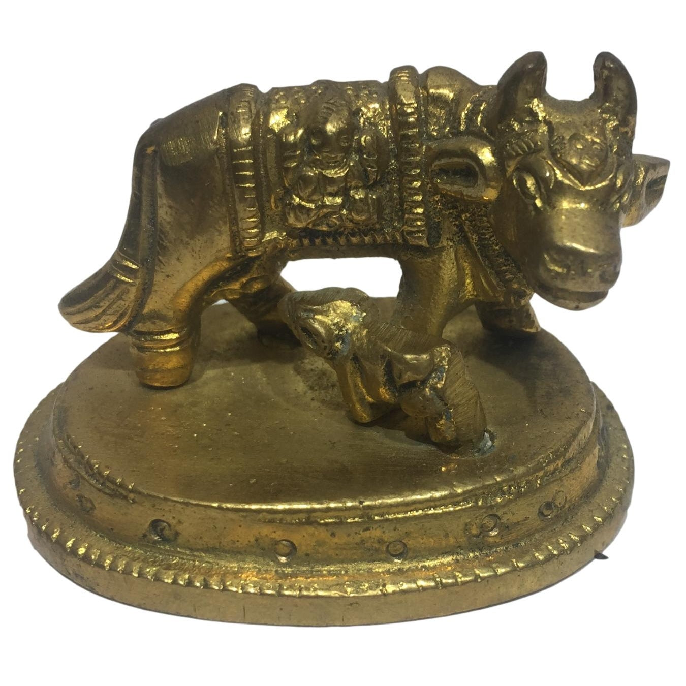 Goumatha with Lakshmi Ganesh Facing Right Brass Figurine or Cow and Calf Decorative Showpiece 1.5 inch