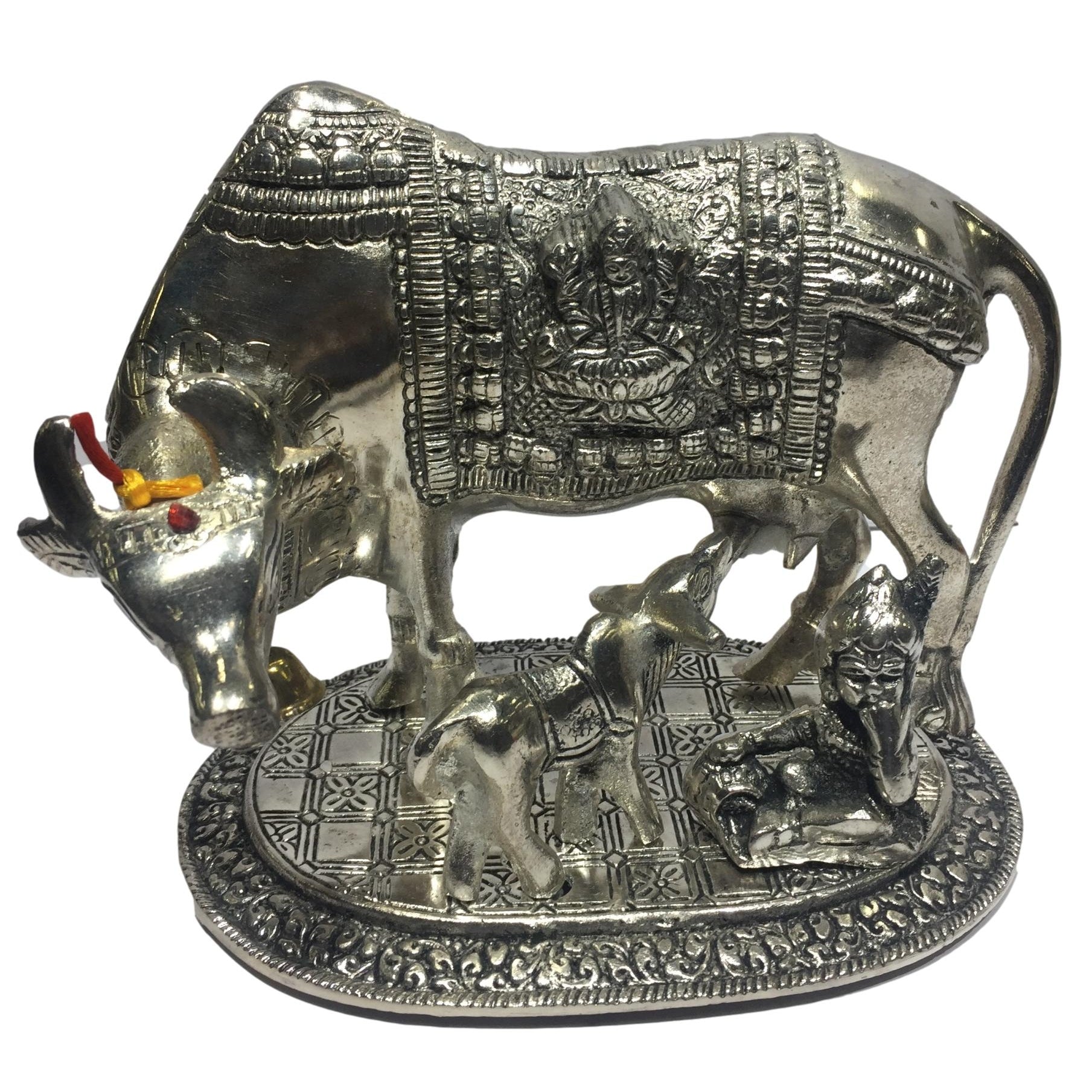 Silver coated Cow and Calf with Krishna Figurine Home Decorative Showpiece 6.5 inch