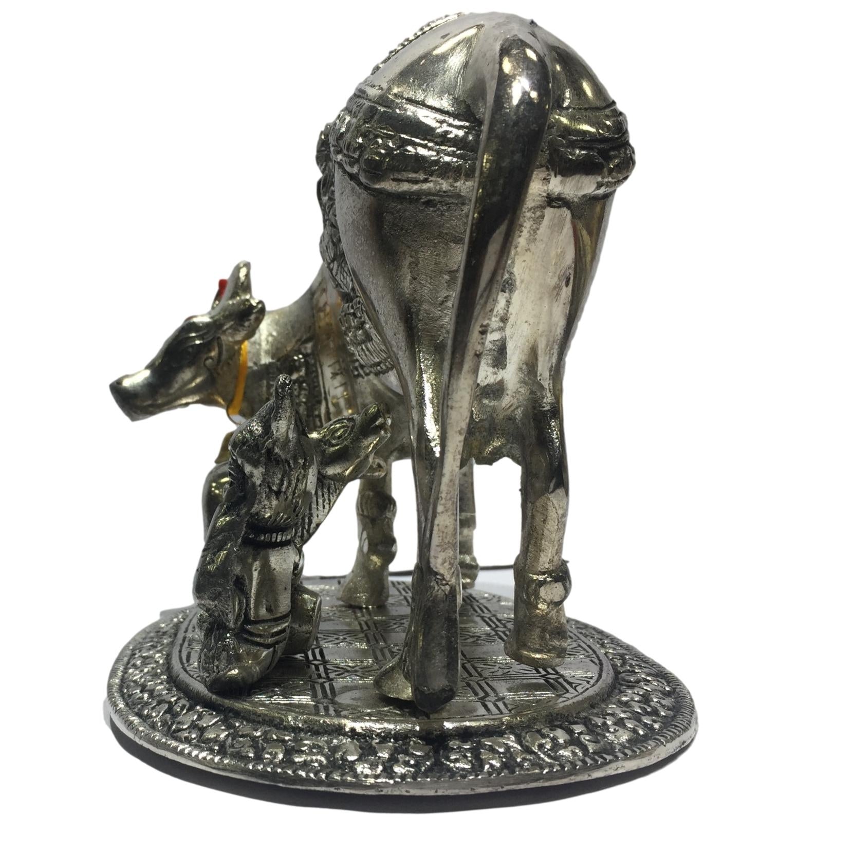 Silver coated Cow and Calf with Krishna Figurine Home Decorative Showpiece 6.5 inch