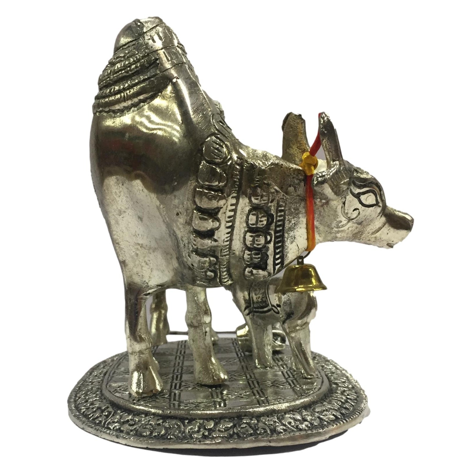 Silver coated Cow and Calf with Krishna Figurine Home Decorative Showpiece 6.5 inch