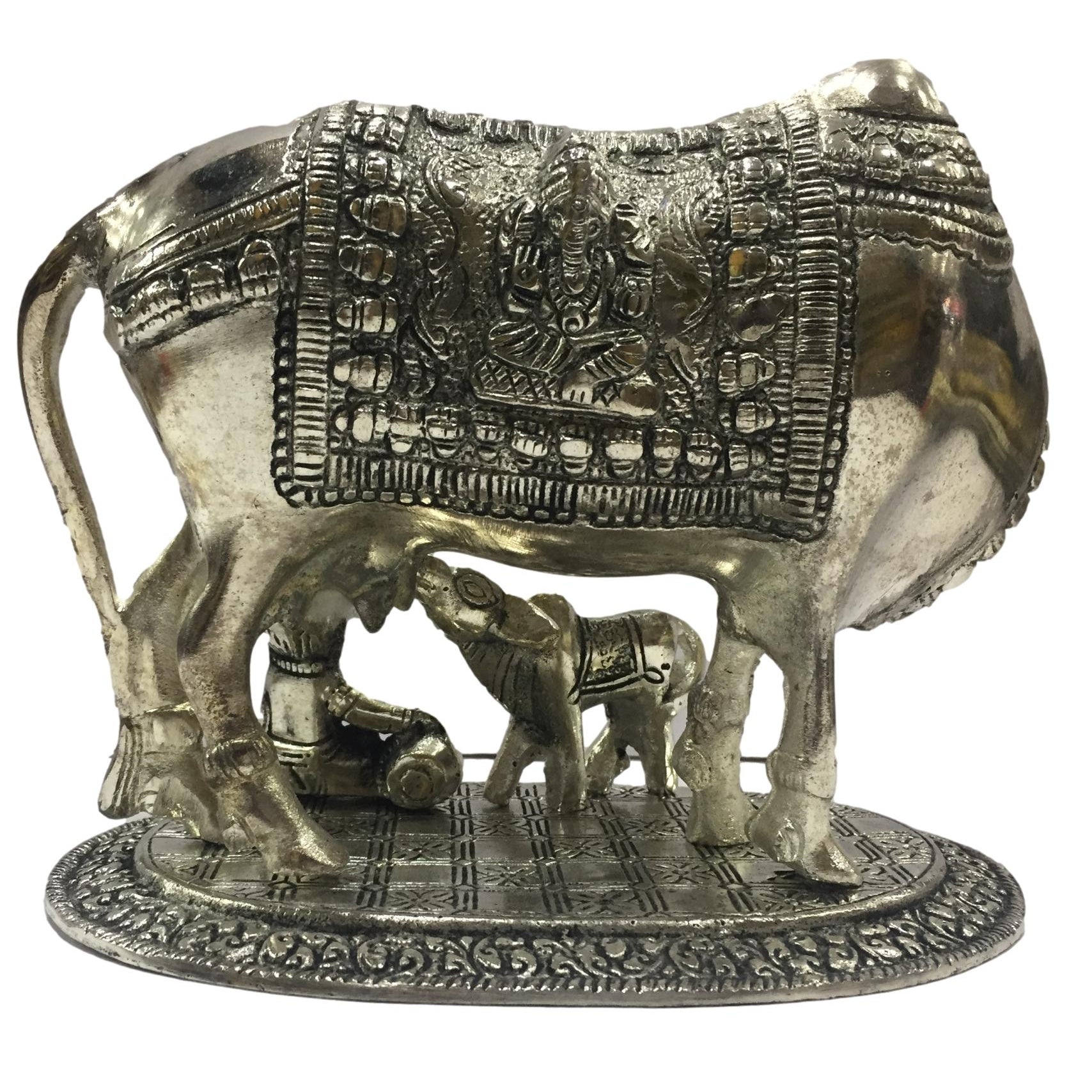 Silver coated Cow and Calf with Krishna Figurine Home Decorative Showpiece 6.5 inch