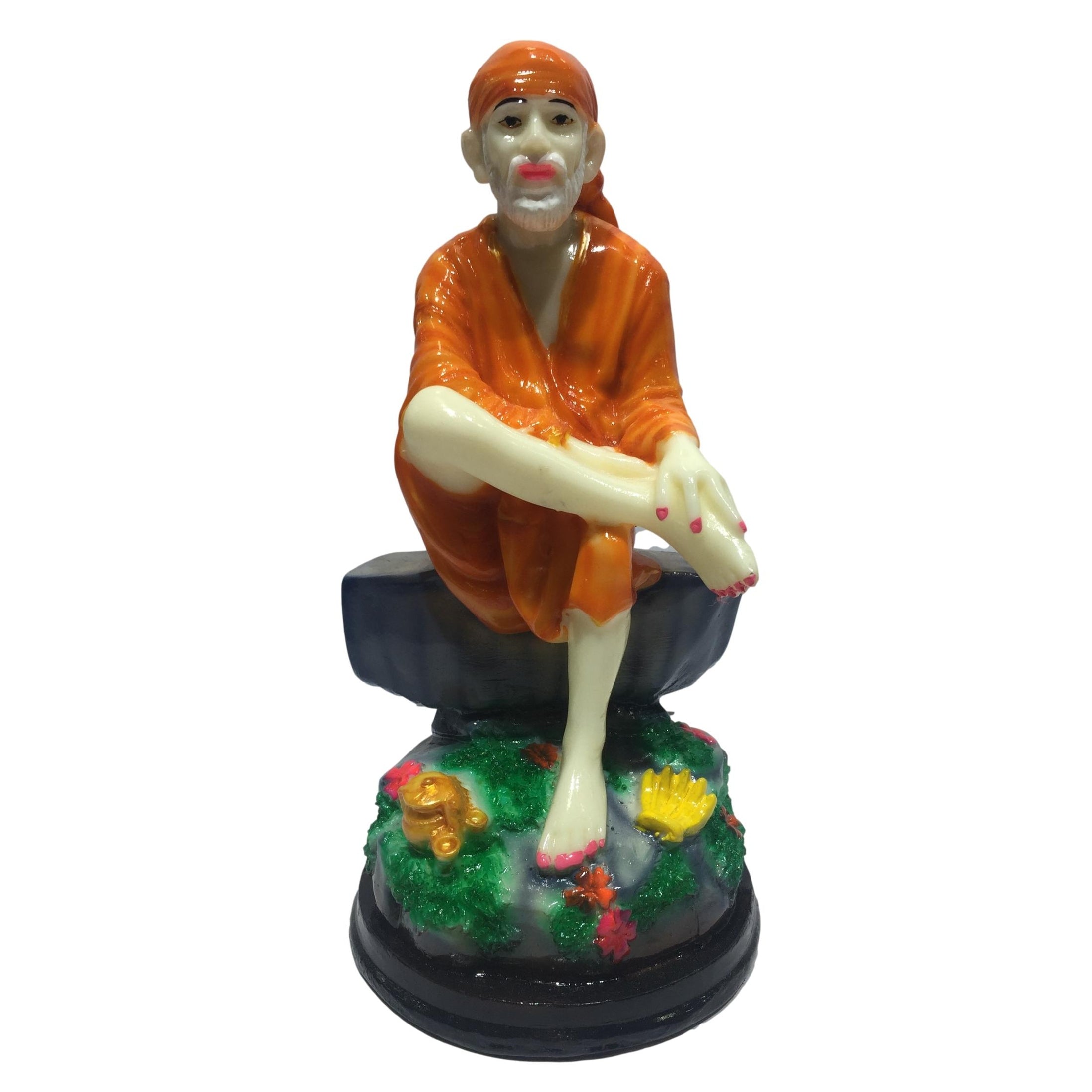 Multicolour Marble Dust Sai Baba in Orange Dress Figurine Pooja Ghar Decorative Showpiece 8 inch