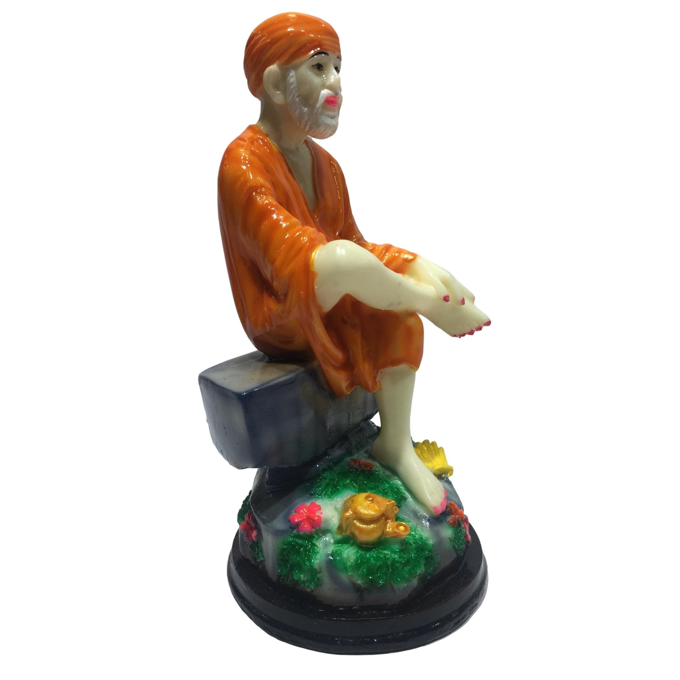 Multicolour Marble Dust Sai Baba in Orange Dress Figurine Pooja Ghar Decorative Showpiece 8 inch