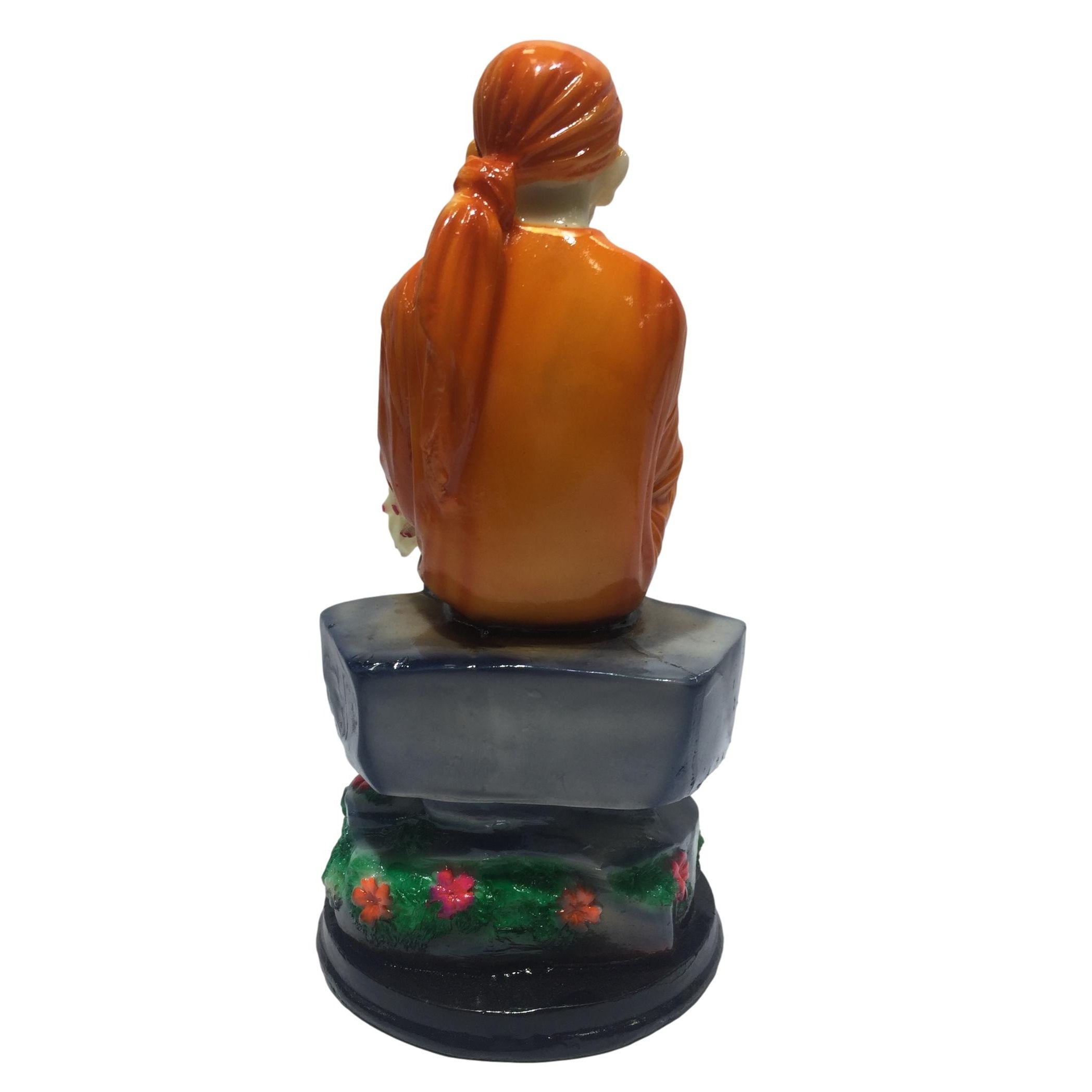 Multicolour Marble Dust Sai Baba in Orange Dress Figurine Pooja Ghar Decorative Showpiece 8 inch