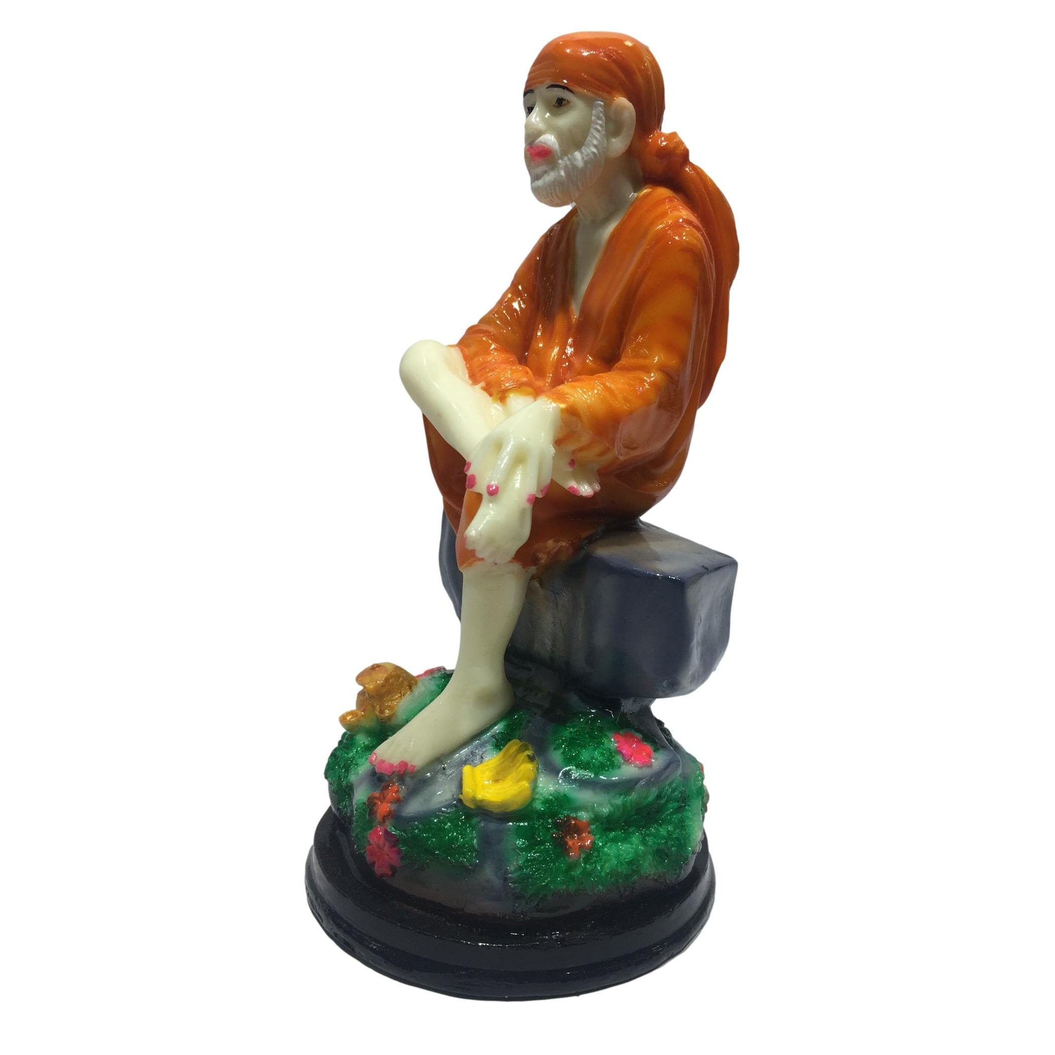 Multicolour Marble Dust Sai Baba in Orange Dress Figurine Pooja Ghar Decorative Showpiece 8 inch