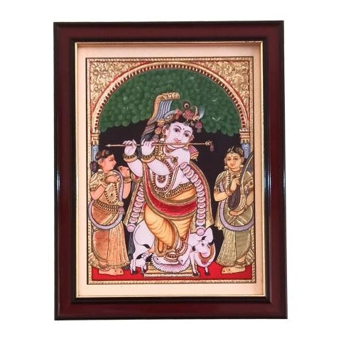 Sri Venugopala Swami with Ruckmani and Sathya Bhama Bansuri Krishna Tanjore Style Paint Photo Frame Wall Art - A4 Size 12 x 9 inch