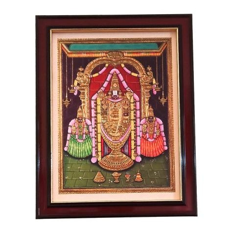 Tirupathi Srinivasa Perumal with Sri Devi and Bhoomi Devi Tanjore Style Paint Photo Frame Wall Art - A4 Size 12 x 9 inch