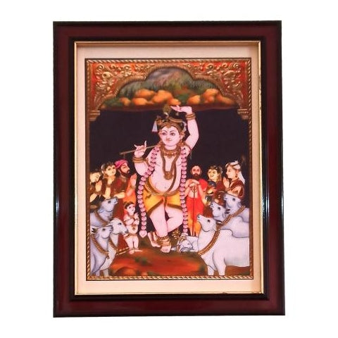 Sri Krishna holding Govardhana Malai Prabhu Giridhari Tanjore Style Paint Photo Frame Wall Art - A4 Size 12 x 9 inch