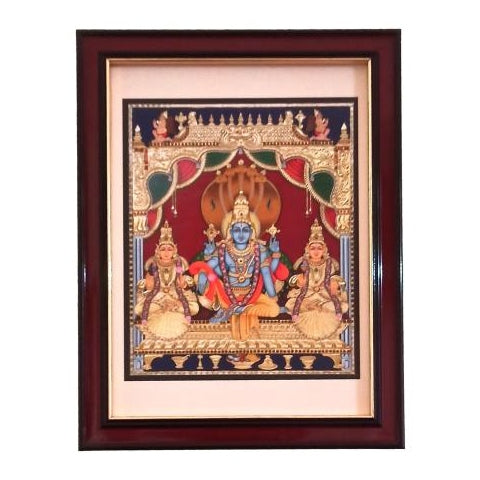 Sri Lakshmi Narayana Swami Para Vasudevan with Sridevi & Bhudevi Nachiyars Tanjore Style Paint Photo Frame Wall Art - A4 Size 12 x 9 inch