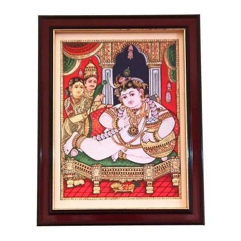 Butter Pot Krishna / Vennaithazhi Kannan with Yasodha and Nandagopa Tanjore Style Paint Photo Frame Wall Art - A4 Size 12 x 9 inch