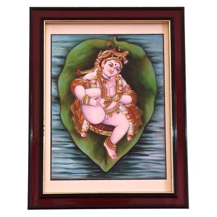 Pipal Leaf or Alilai Floating Krishna Tanjore Style Paint Photo Frame Wall Art - A4 Size 12 x 9 inch