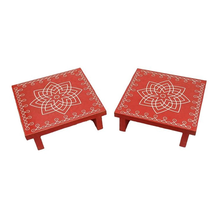 Rangoli Square Wooden Chowki / Hridaya kamalam - Lotus kolam Manai / Diya Lamps / Deity Stand size 4x4 inch