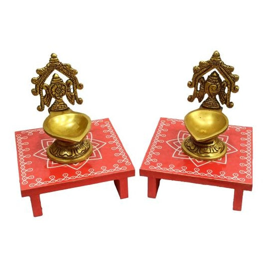 Rangoli Square Wooden Chowki / Hridaya kamalam - Lotus kolam Manai / Diya Lamps / Deity Stand size 4x4 inch