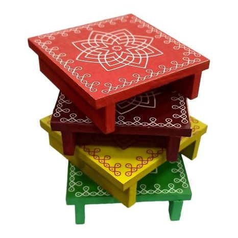 Rangoli Square Wooden Chowki / Hridaya kamalam - Lotus kolam Manai / Diya Lamps / Deity Stand size 4x4 inch