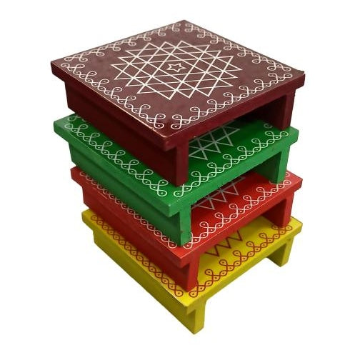 Rangoli Design Wooden Stand / Multicolour Sri Aishwarya Chakram Kolam Manai / For Lamps / Deities/ Decoration- 6 x 6 Inch