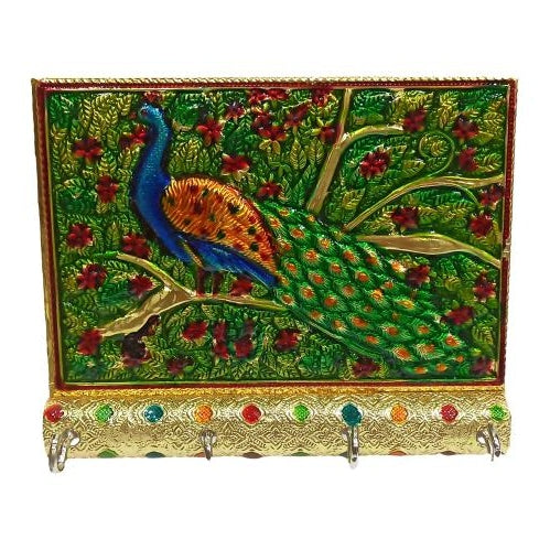 Meenkari Multicolour Peacock Design 4 Hooks Key Holder - Minakari Wall Hanging Mayur Key Stand size 5 x 6 inch