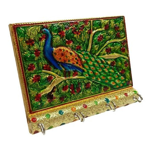 Meenkari Multicolour Peacock Design 4 Hooks Key Holder - Minakari Wall Hanging Mayur Key Stand size 5 x 6 inch