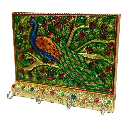 Meenkari Multicolour Peacock Design 4 Hooks Key Holder - Minakari Wall Hanging Mayur Key Stand size 5 x 6 inch