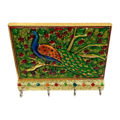 Meenkari Multicolour Peacock Design 4 Hooks Key Holder - Minakari Wall Hanging Mayur Key Stand size 5 x 6 inch