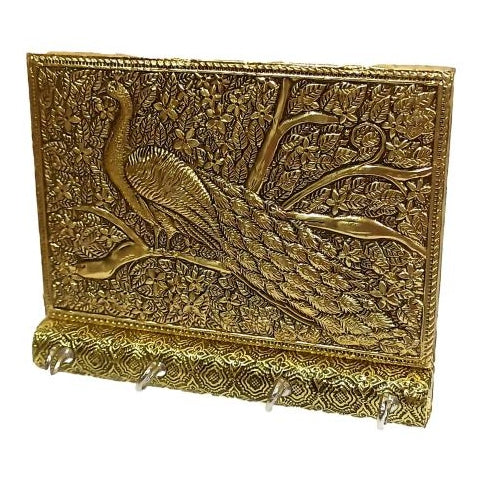 Meenkari Peacock Design 4 Hooks Key Holder - Minakari Wall Hanging Mayur Key Stand size 5 x 6 inch