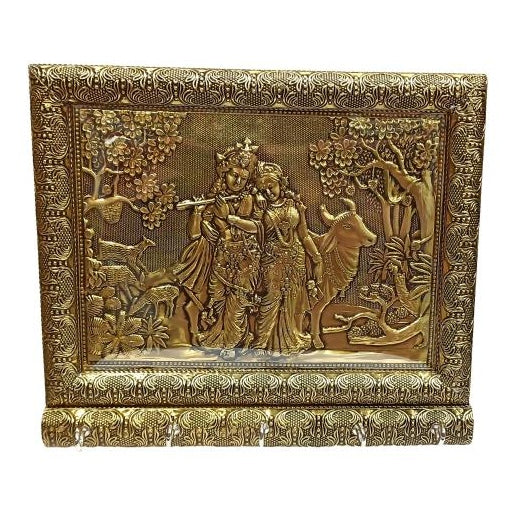 Golden Meenakari Radha Krishna 5 Hooks Key Holder / Minakari Radhe Shyam wall hanging Key Stand Size 8 x 9 inch