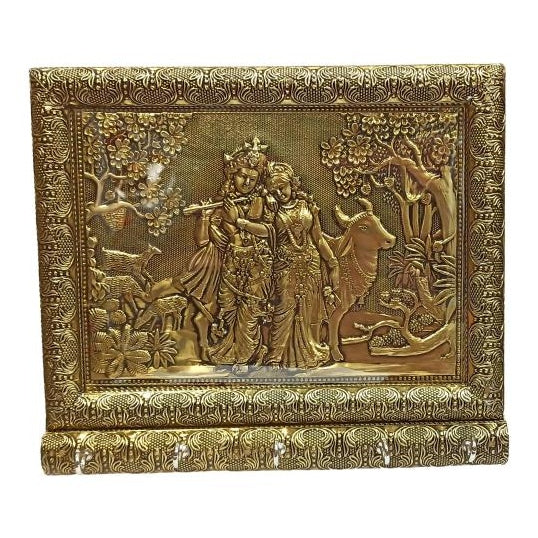 Golden Meenakari Radha Krishna 5 Hooks Key Holder / Minakari Radhe Shyam wall hanging Key Stand Size 8 x 9 inch