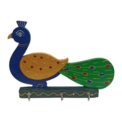 Wooden Multicolour Peacock Design 3 Hooks Key Holder - Wall Hanging Mayur Key Stand size 6 x 5 inch