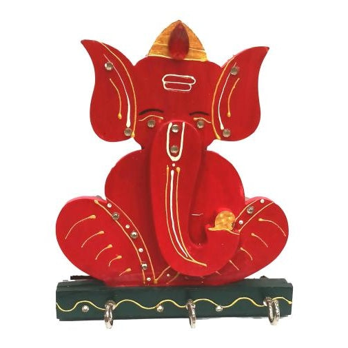 Wooden Lal Ganesh 3 Hooks Key Holder / Wall Hanging size 6 x 5 inch