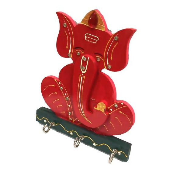 Wooden Lal Ganesh 3 Hooks Key Holder / Wall Hanging size 6 x 5 inch