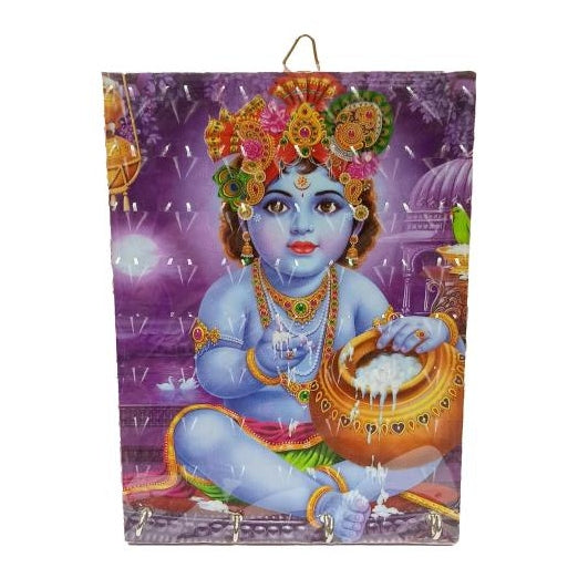 Makhan Krishna 4 Hooks 3D Wooden Key Holder / Bal Gopal Wall Hanging / Vennai Kannan Key Stand size 6 x 8 inch